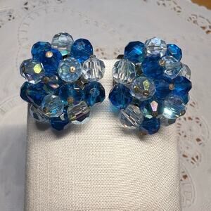 Vintage 1950's LAGUNA Sparkling Azure Blue Crystal Clip Earrings Rhinestones